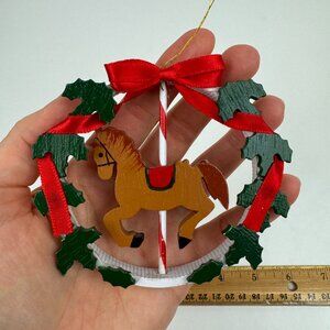 Vtg Wooden Christmas Holiday Ornament Brown Carousel Horse Round Holly Ribbon
